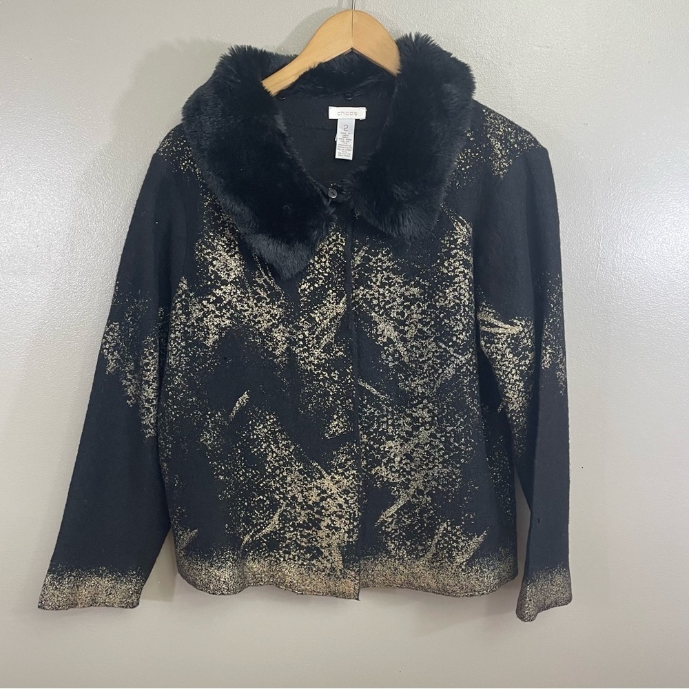 Chicos Dazzling Diva Cardigan Sz 2 Large Gold Black Faux Fur Collar Snap Up